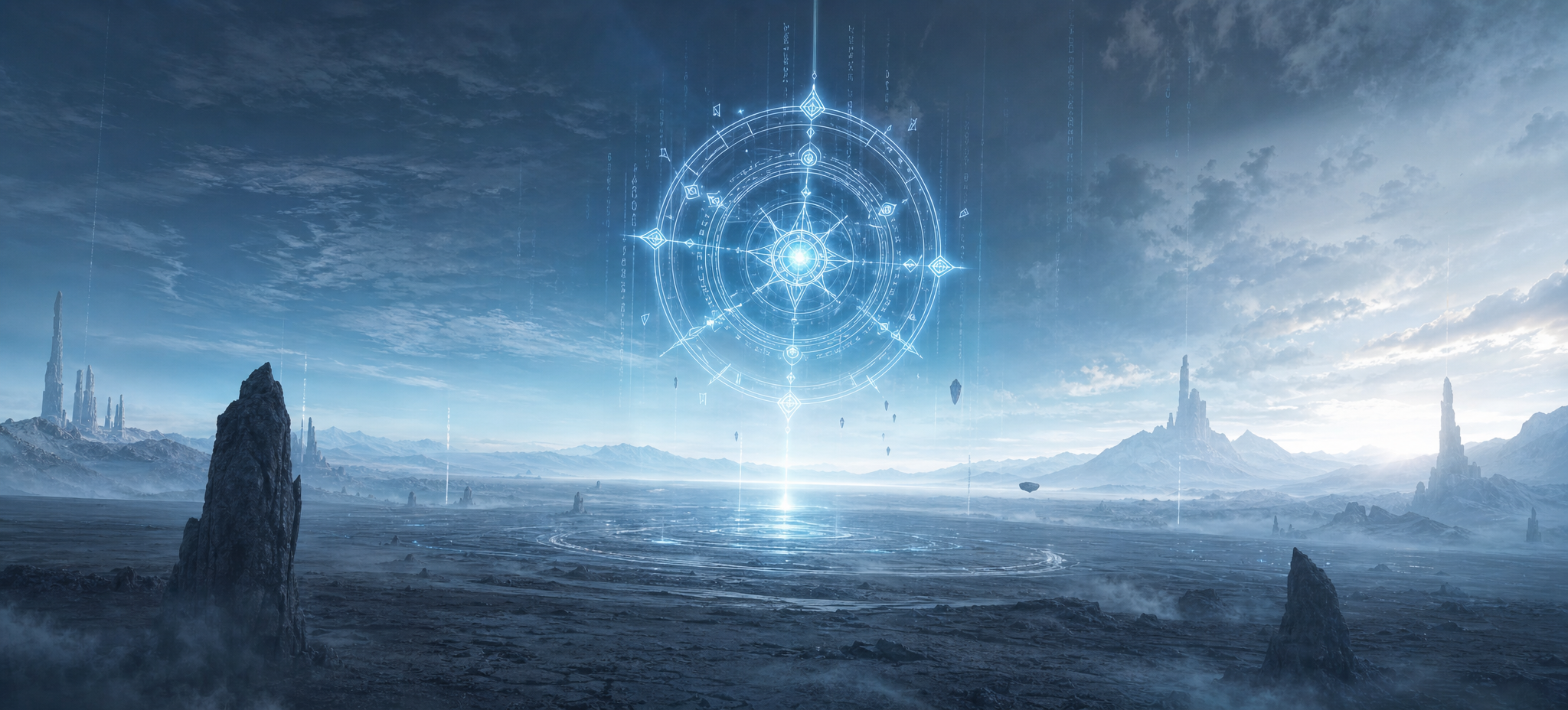 Ashen plain opening into a synth-blue horizon with a central sigil.